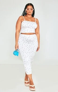 Plus Cream Ditsy Floral Midi Skirt
