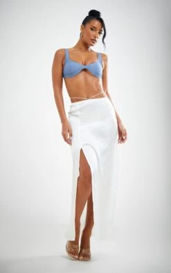 White Satin Tie Front Split Thigh Midaxi Skirt