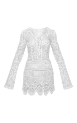 White Tie Front Flare Sleeve Crochet Lace Bodycon Dress -VelvetMuse Store cdf5f8cebfbbb37fba53da23934565840b284792 CLQ7650 4
