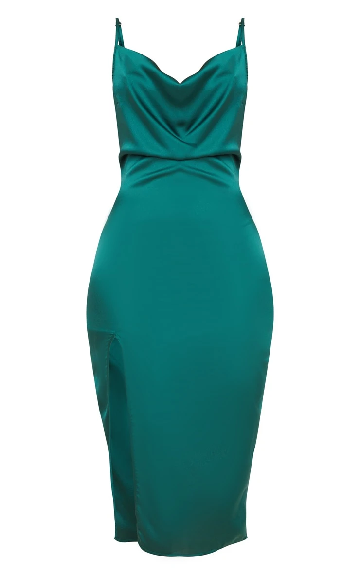 Emerald Green Strappy Satin Cowl Midi Dress 3 Emerald Green Strappy Satin Cowl Midi Dress - Image 3