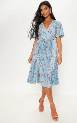 Dusty Blue Floral Pleated Midi Dress -VelvetMuse Store cf998c4eeb47dd2cdb81bb9d6382f7286216ac0a clx8305 4