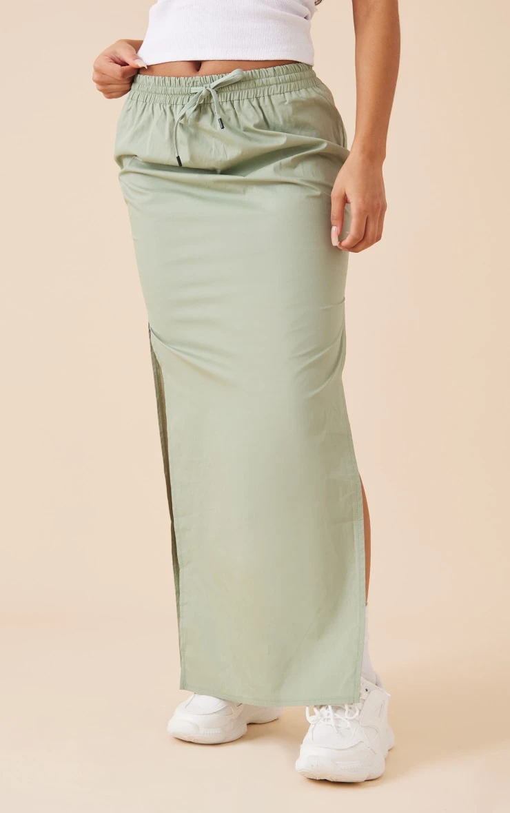 Sage Khaki Cotton Poplin Split Side Drawstring Waist Midaxi Skirt 2 Sage Khaki Cotton Poplin Split Side Drawstring Waist Midaxi Skirt - Image 2