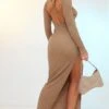 Taupe Textured Long Sleeve Open Back Midi Dress