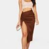 Chocolate Woven Ruched Detail Midi Skirt