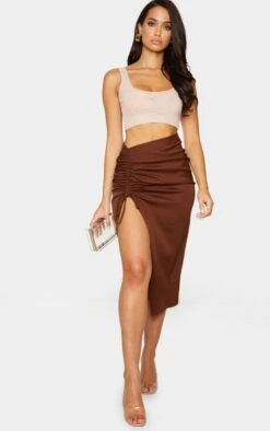 Chocolate Woven Ruched Detail Midi Skirt