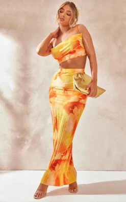 Orange Abstract Print Plisse Maxi Skirt