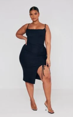 Plus Black Soft Touch Jersey Cowl Neck Ruched Midi Dress