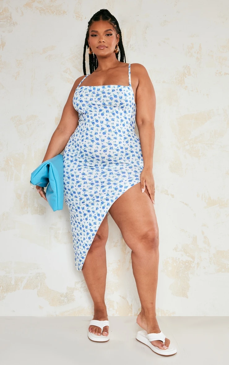 Plus Blue Ditsy Floral Lace Up Back Asymmetric Hem Midi Dress 1 Plus Blue Ditsy Floral Lace Up Back Asymmetric Hem Midi Dress