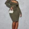 Shape Olive Khaki Jersey Cut Out Long Sleeve Midi Dress