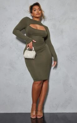 Shape Olive Khaki Jersey Cut Out Long Sleeve Midi Dress