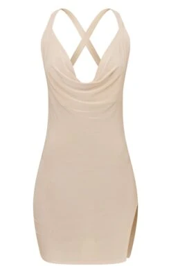 Sand Slinky Cowl Cross Back Bodycon Dress -VelvetMuse Store d819e5489663a7ea57e1254b1f93a0fde33166ea cnc5921 5