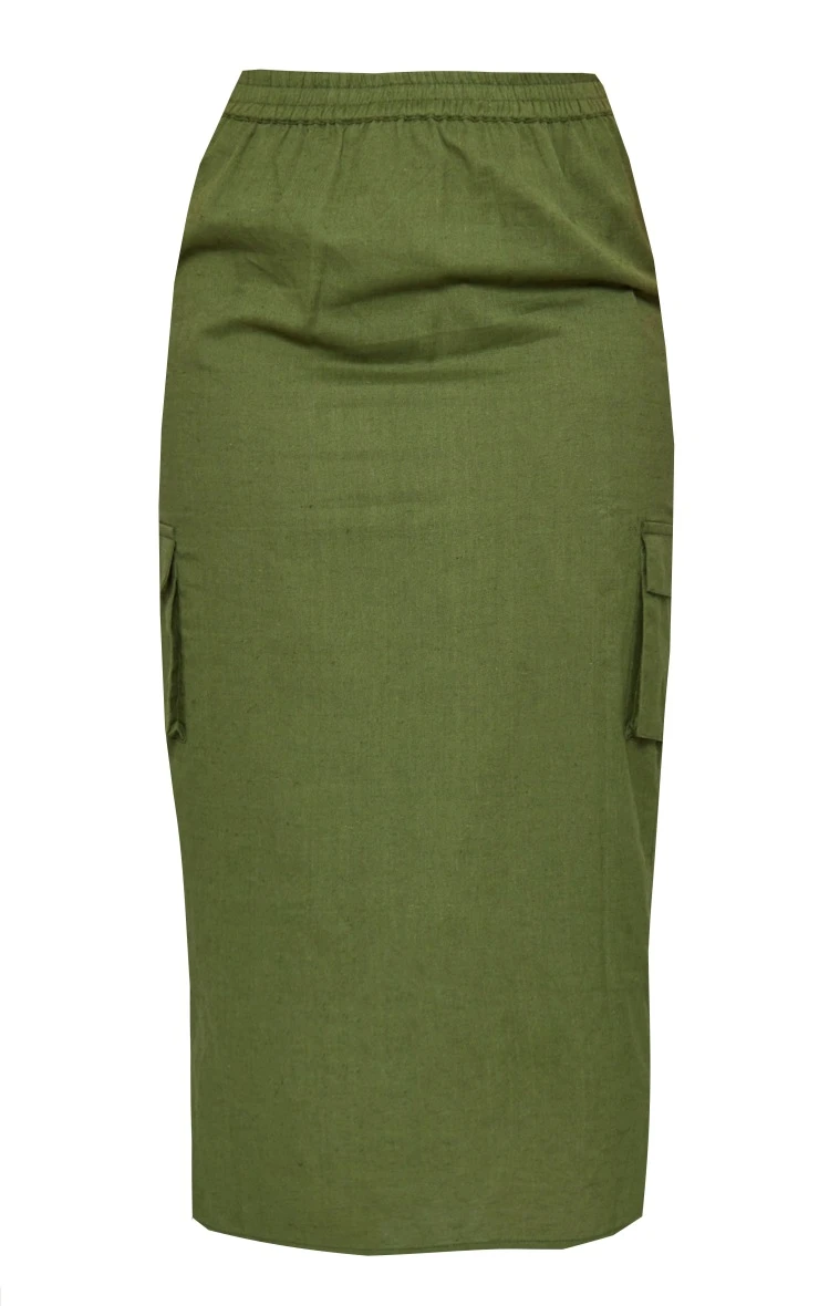 Khaki Linen Look Cargo Pocket Midi Skirt 5 Khaki Linen Look Cargo Pocket Midi Skirt - Image 5