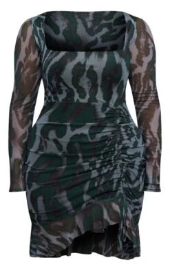 Shape Green Abstract Print Mesh Long Sleeve Ruched Side Frill Hem Bodycon Dress -VelvetMuse Store d8f647999a540062e2c8c0a20af7625c9e7988ab cnc8695 5