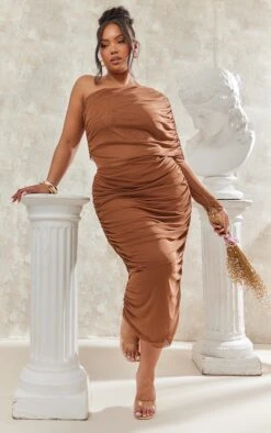 Plus Chocolate Brown Ruched Mesh Midi Skirt