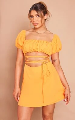 Orange Puff Sleeve Cut Out Strappy Shift Dress