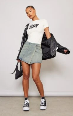 Vintage Wash Denim Wrap Over Mini Skirt