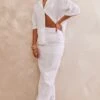 White Woven High Waist Split Hem Midaxi Skirt