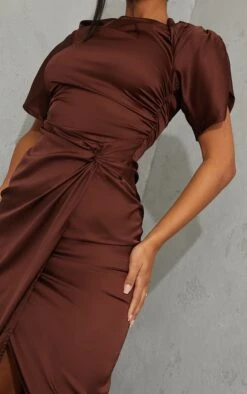 Chocolate Satin Short Sleeve Ruched Midaxi Dress -VelvetMuse Store dea4cb421966e646e707fb3e5900bdfdaaf68fd7 cmq1693 5