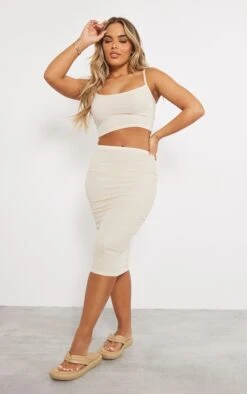 Beige Two Tone Micro Rib High Rise Midi Skirt