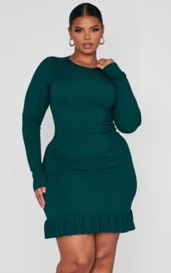 Plus Emerald Green Rib Frill Hem Bodycon Dress -VelvetMuse Store e418b2b21dc179855d42dca2332610b4647a1c7b cnc5169 3