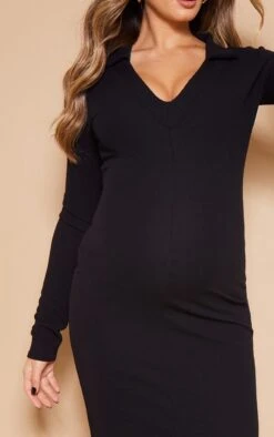 Maternity Black Crinkle Rib Plunge Midi Polo Dress -VelvetMuse Store e6a1ba7f20d574da8a22747695d22a14374fabf8 cnb6514 4