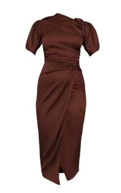 Chocolate Satin Short Sleeve Ruched Midaxi Dress -VelvetMuse Store e6a93a38b138274f978fb4503147b18b736f335b cmq1693 6