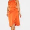 Plus Orange Satin Drape Detail Side Split Midi Dress