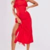 Red High Neck Frill Split Hem Midaxi Dress