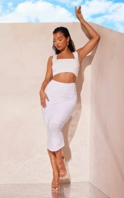 White Slinky Second Skin Ruched Midi Skirt