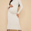 Maternity Stone Long Sleeved Ribbed Midi Dress
