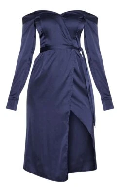 Navy Satin Bardot Lapel Detail Wrap Midi Dress -VelvetMuse Store ed635917738fe7cbf4c08e2f1f4b15f08d4648a2 CLZ7367 3