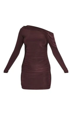 Chocolate Slinky One Shoulder Ruched Detail Bodycon Dress -VelvetMuse Store edb83e706d4ba6fdc9e0554a1fa95c3f6f997a37 cnc6169 5