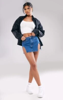 Mid Blue Wash Cut Out Hem Denim Mini Skirt
