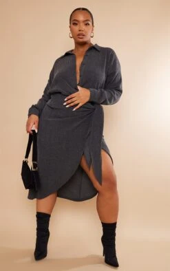 Plus Black Textured Crinkle Wrap Skirt