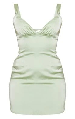 Sage Satin Ruched Bust Lace Up Back Detail Shift Dress -VelvetMuse Store f05beef23a07a69c1854145a600ba1266b649a76 cnd5909 5