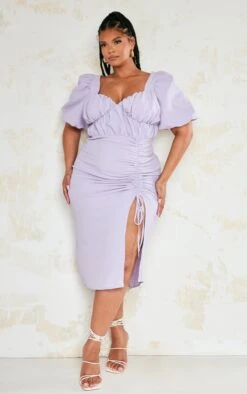 Plus Lilac Puff Sleeve Ruched Side Split Midi Dress