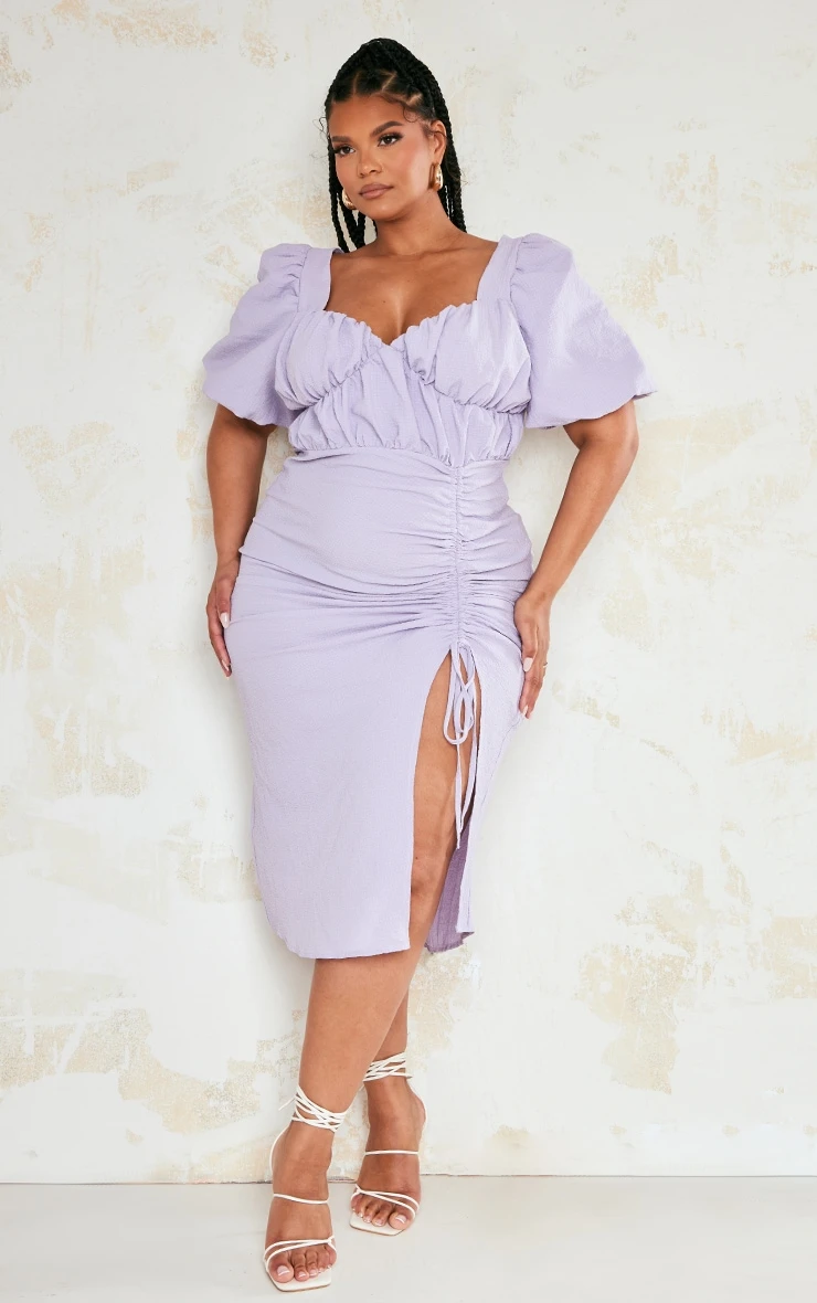 Plus Lilac Puff Sleeve Ruched Side Split Midi Dress 1 Plus Lilac Puff Sleeve Ruched Side Split Midi Dress