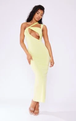 Lime Slinky Asymmetric Strap Knot Detail Midaxi Dress