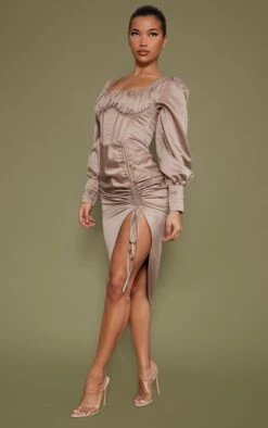 Taupe Satin Underwire Detail Balloon Sleeve Ruched Midi Dress