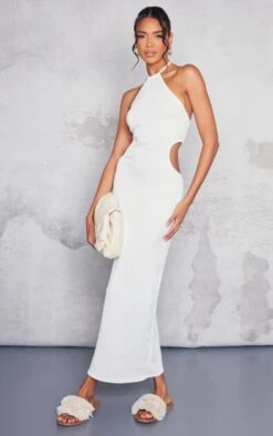 White Textured Rib Halterneck Cut Out Midaxi Dress