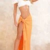 Hot Orange Textured Jersey Wrap Knot Side Midaxi Skirt