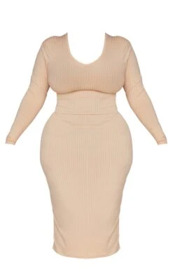 Plus Beige Rib Scoop Neck Long Sleeve Midi Dress -VelvetMuse Store fa85df6a4506c92c555cf48ff62abcb960128f95 cnc5152 5