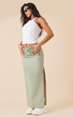 Sage Khaki Cotton Poplin Split Side Drawstring Waist Midaxi Skirt