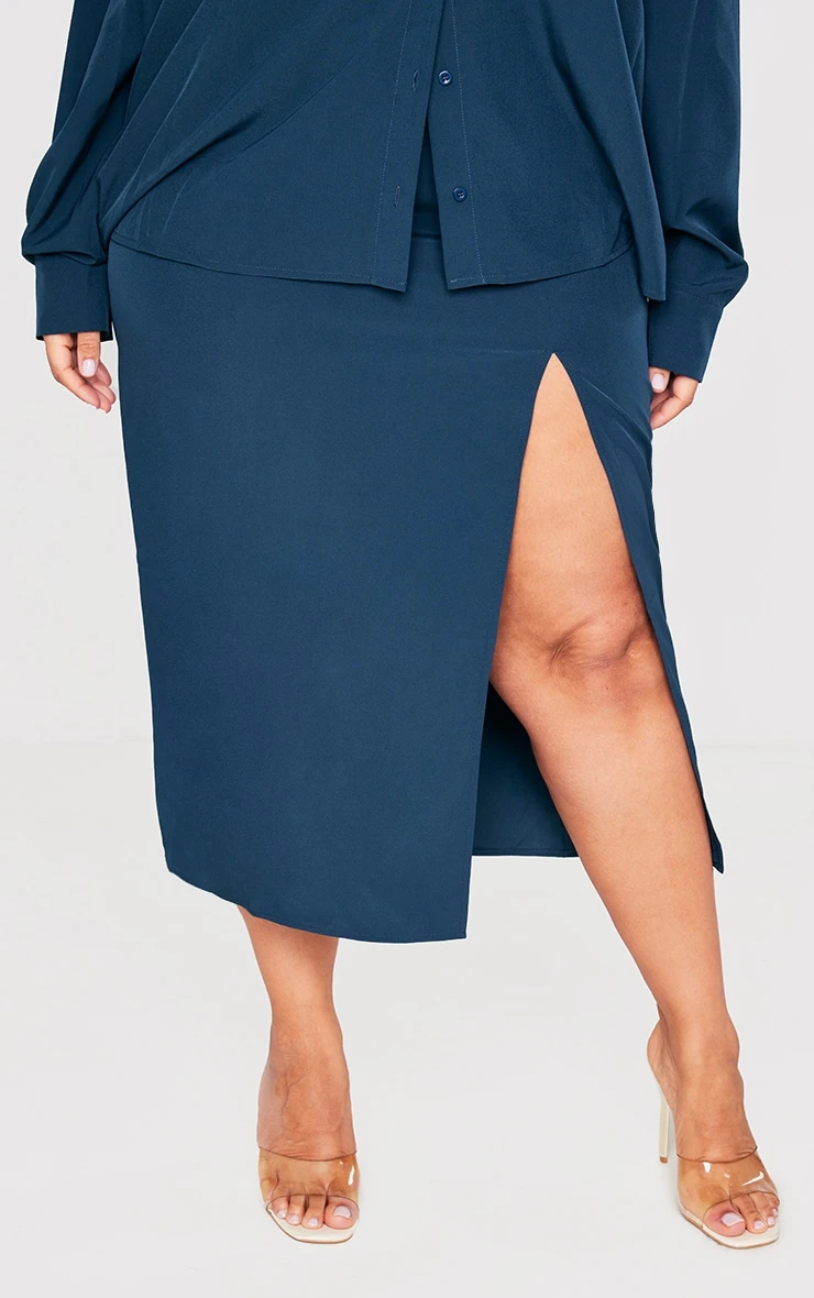 Plus Petrol Side Split Fitted Midi Skirt 2 Plus Petrol Side Split Fitted Midi Skirt - Image 2