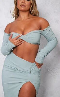 Shape Sage Green Stretch Woven Ruched Split Detail Midi Skirt -VelvetMuse Store fc80e0cd88afc4696c916c48a584c3f36e69a221 cna4623 4