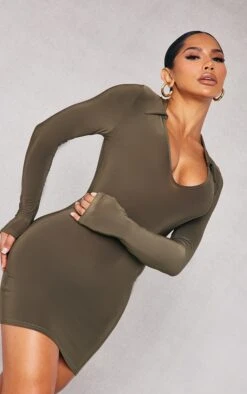 Shape Khaki Slinky Collar Detail Long Sleeve Bodycon Dress 8 Shape Khaki Slinky Collar Detail Long Sleeve Bodycon Dress -VelvetMuse Store fe31351f13abed1e035a8a2eef20433225fc5d46 cnb8741 4